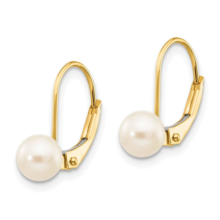 14K Yellow Gold 5-6mm White Round Freshwater Pearl Leverback Earrings