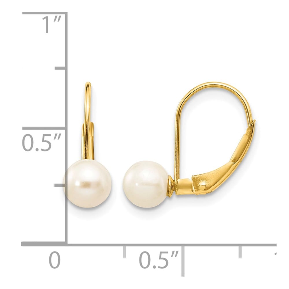 14K Yellow Gold 5-6mm White Round Freshwater Pearl Leverback Earrings