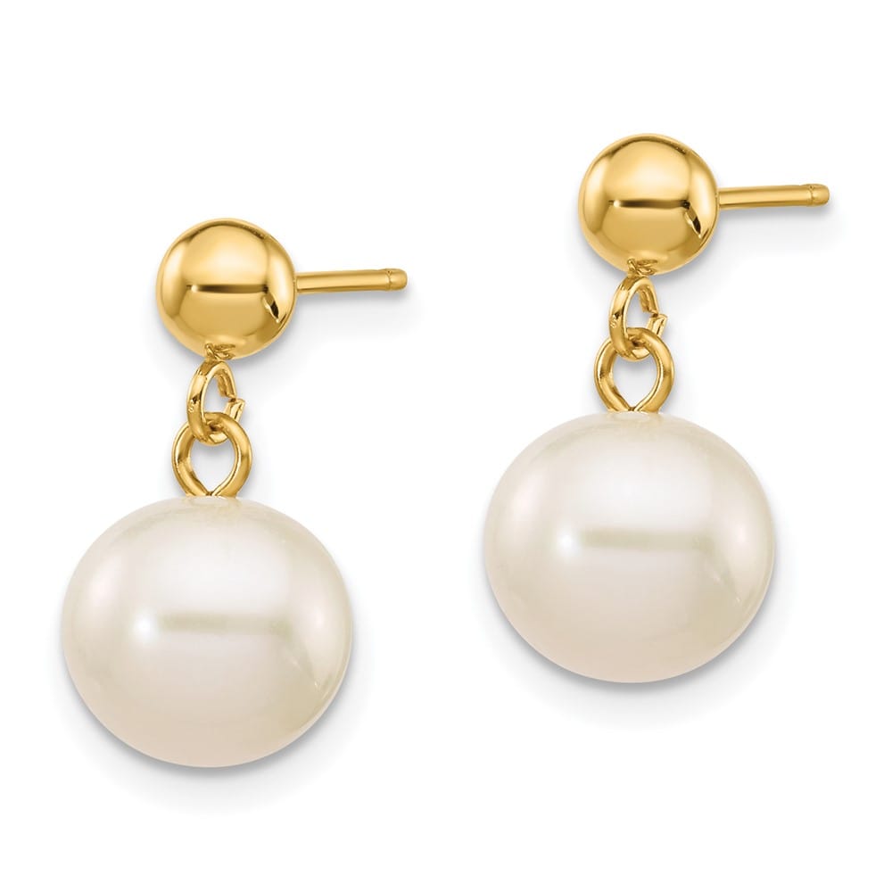 14K Yellow Gold 8-8.5mm White Round Freshwater Pearl Post Earrings