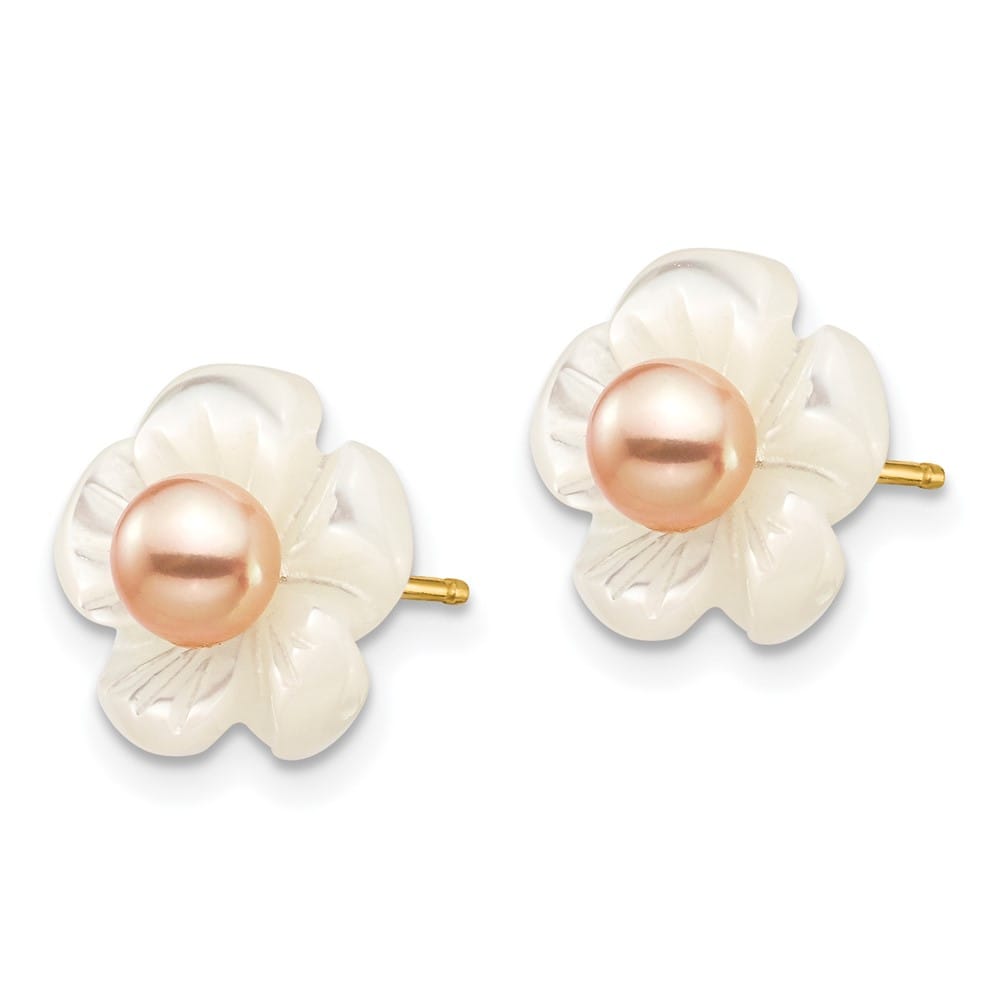 14K Yellow Gold 3-4mm Pink Round Freshwater Pearl and 10mm Earrings