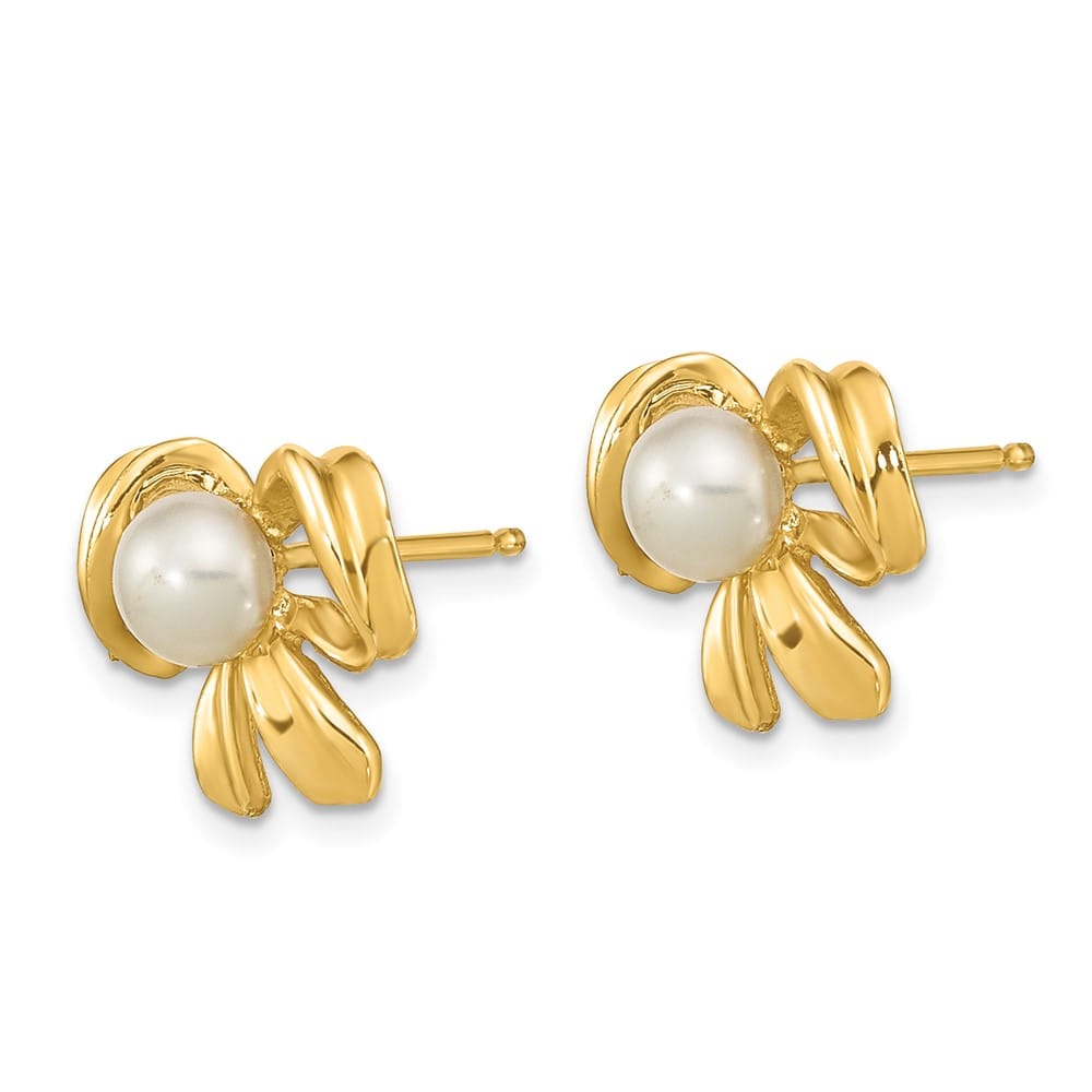 14K Yellow Gold 3-4mm White Button Freshwater Pearl Bow Post Earrings