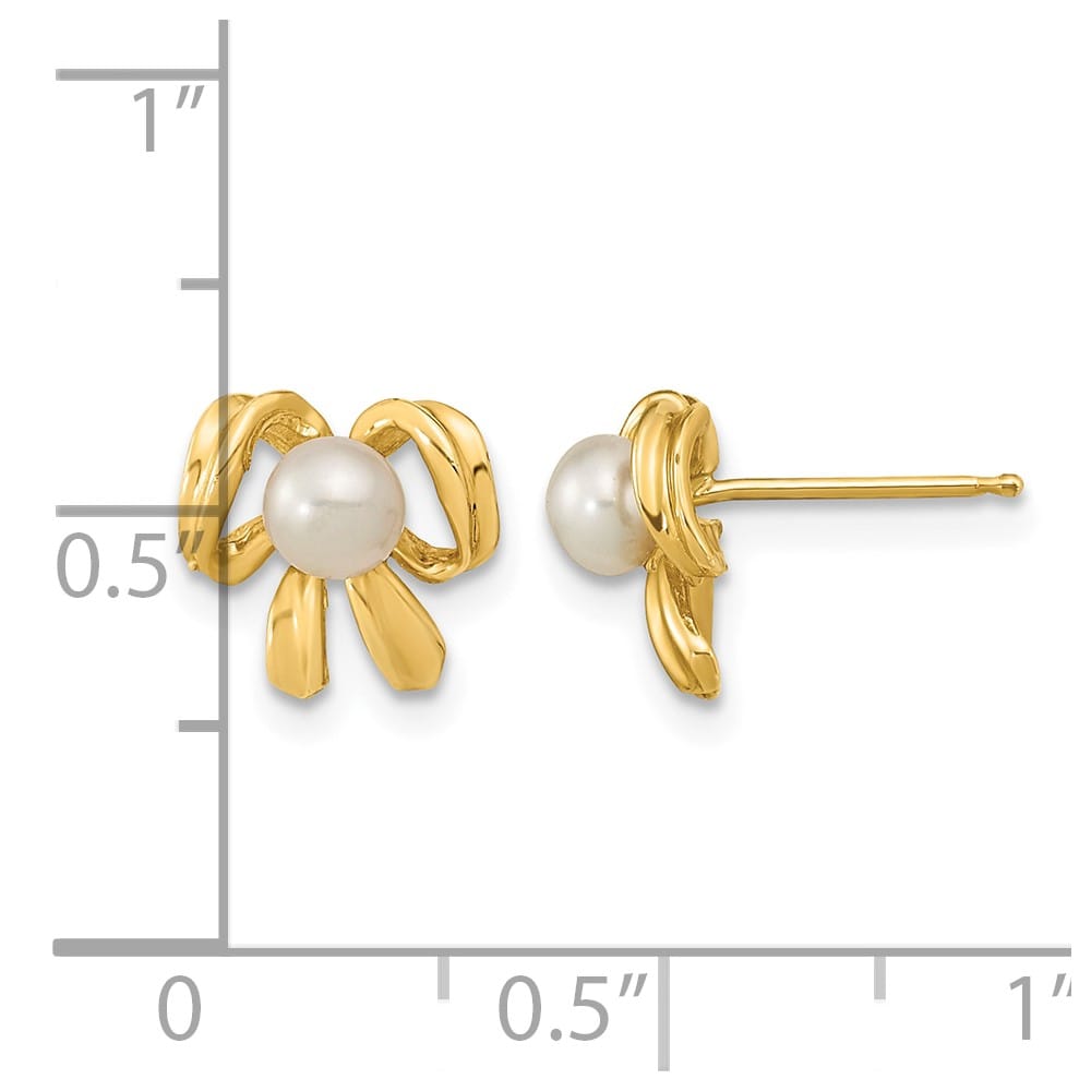 14K Yellow Gold 3-4mm White Button Freshwater Pearl Bow Post Earrings