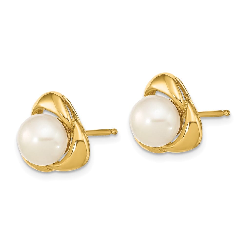 14K Yellow Gold 5-6mm White Button Freshwater Pearl Post Earrings
