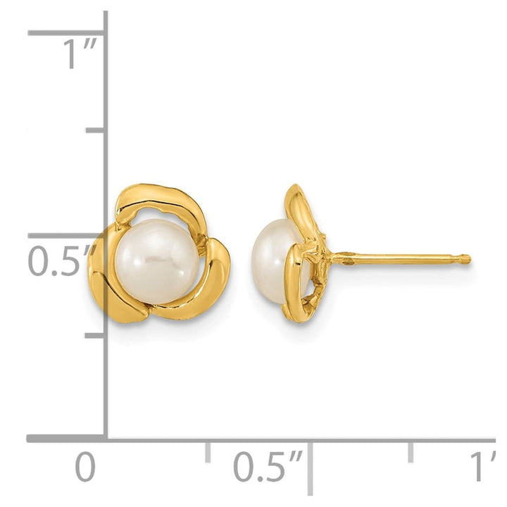 14K Yellow Gold 5-6mm White Button Freshwater Pearl Flower Earrings