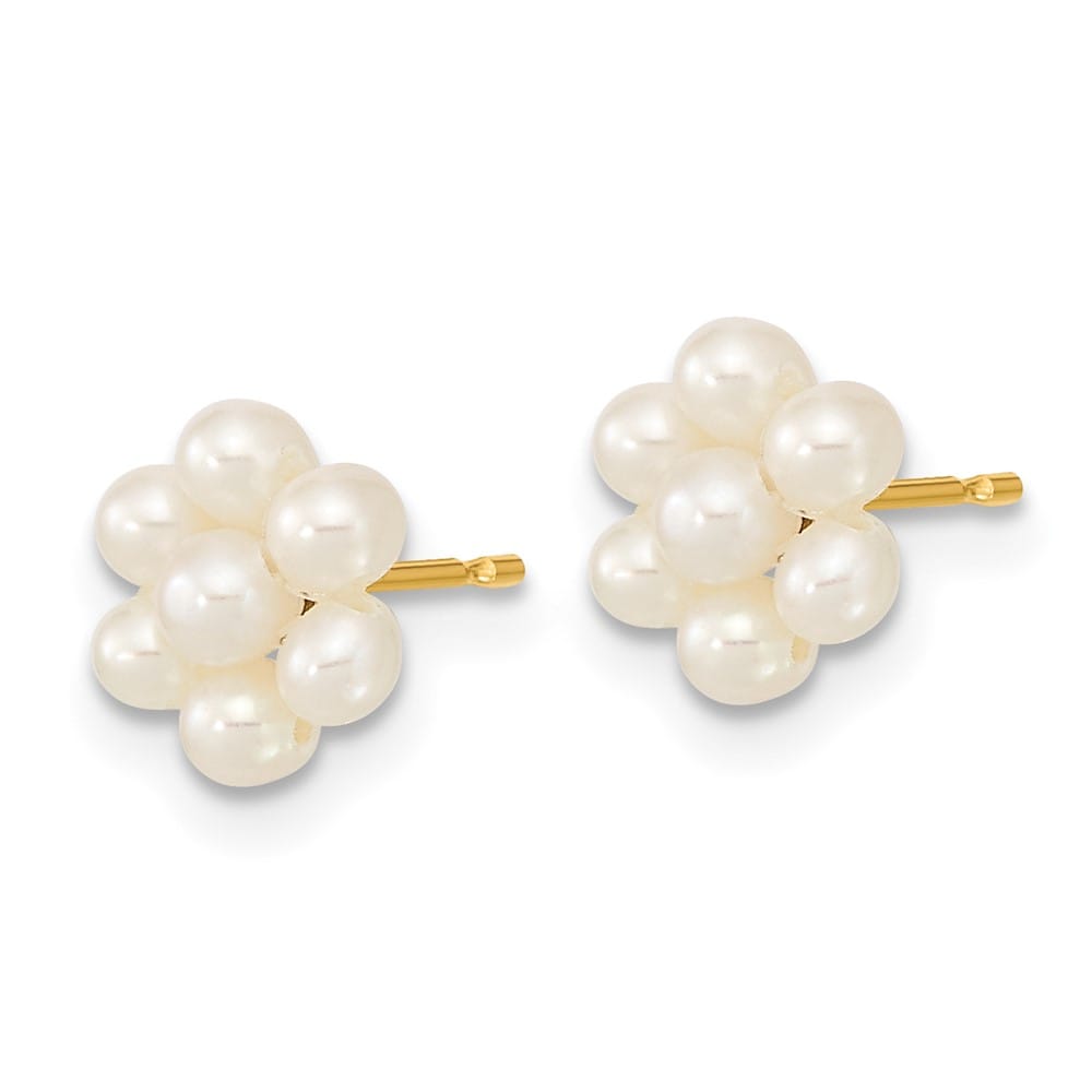 14K Yellow Gold 2-3mm White Button Freshwater Pearl Flower Earrings
