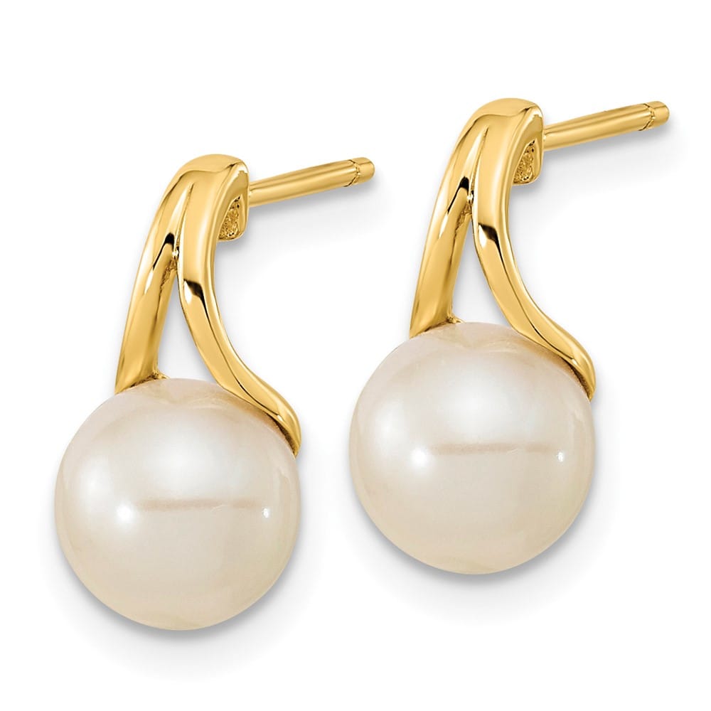 14K Yellow Gold 7-8mm White Round Freshwater Pearl Post Earrings