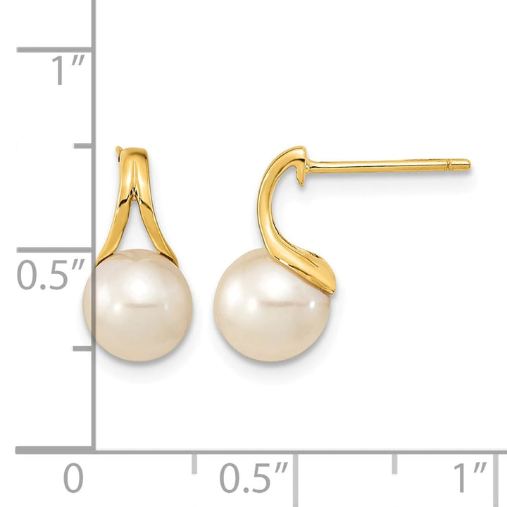 14K Yellow Gold 7-8mm White Round Freshwater Pearl Post Earrings