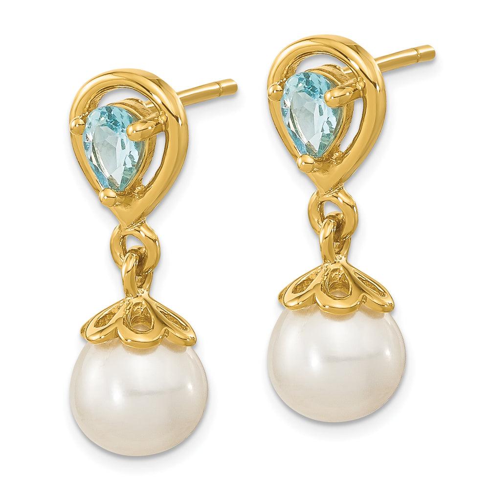 14K Yellow Gold Luxe 6-7mm Pearl Swiss Blue Topaz Dangles