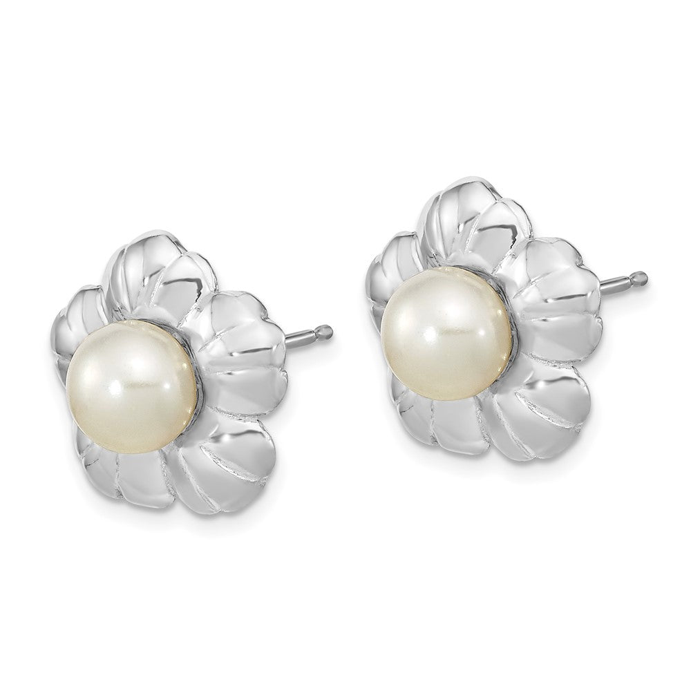 14K White Gold 5-6mm White Button Freshwater Pearl Flower Earrings