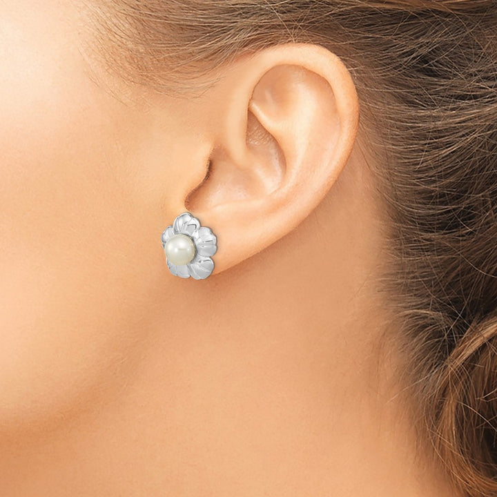 14K White Gold 5-6mm White Button Freshwater Pearl Flower Earrings