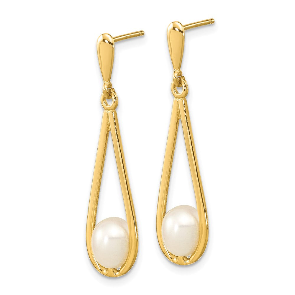 14K Yellow Gold 5-6mm White Rice Freshwater Pearl Post Dangle Earrings