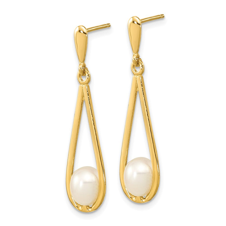 14K Yellow Gold 5-6mm White Rice Freshwater Pearl Post Dangle Earrings