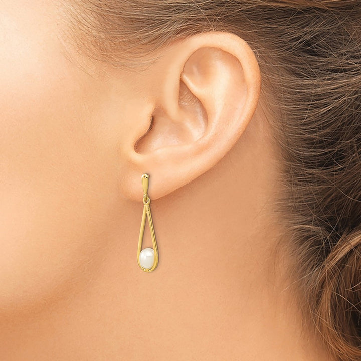 14K Yellow Gold 5-6mm White Rice Freshwater Pearl Post Dangle Earrings
