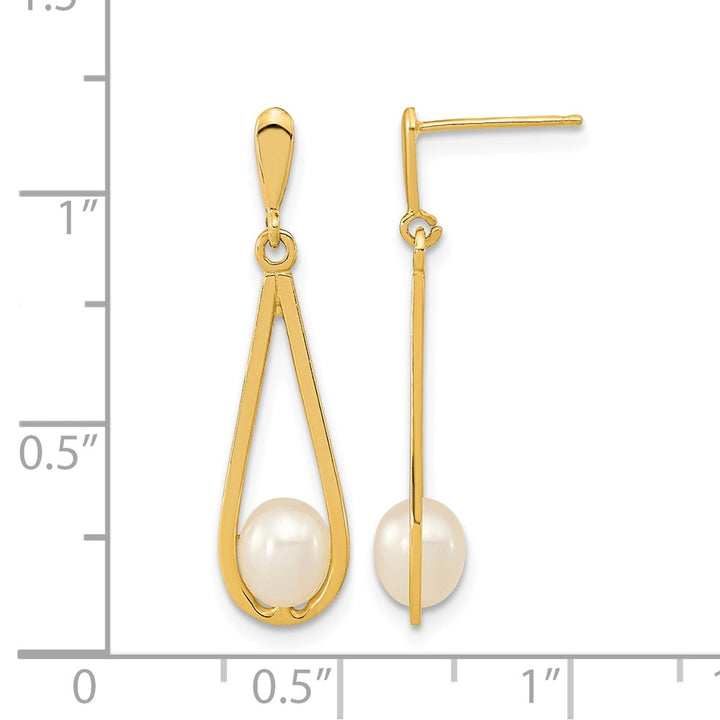 14K Yellow Gold 5-6mm White Rice Freshwater Pearl Post Dangle Earrings