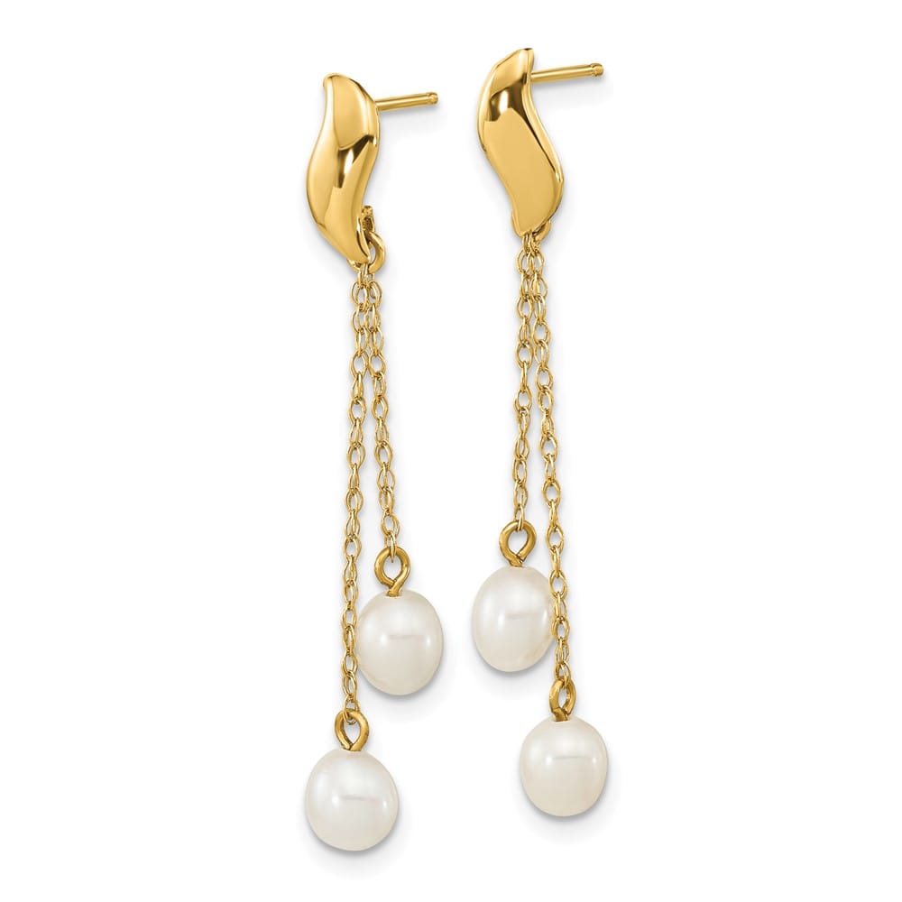 14K Yellow Gold 4-5mm White Rice Freshwater Pearl Chain Earrings