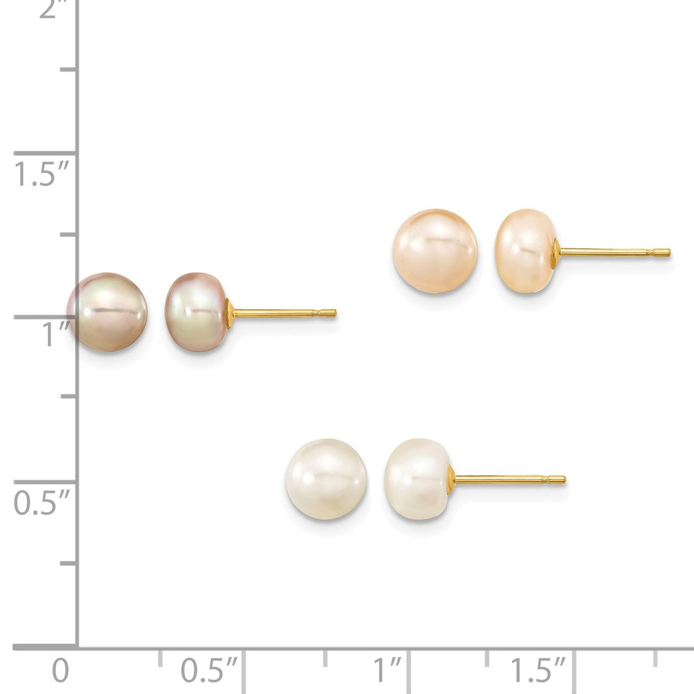 14K Yellow Gold 6-7mm Multicolor Button Freshwater Pearl Boxed 3 Pair