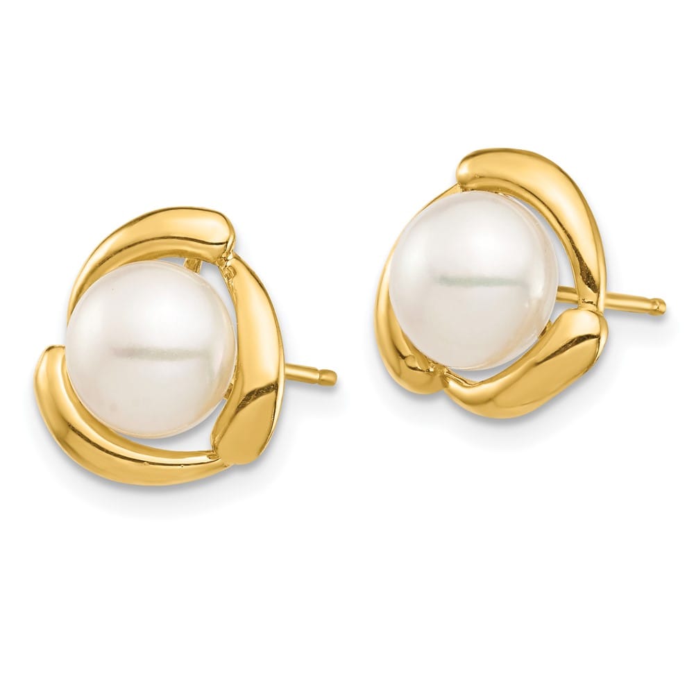14K Yellow Gold 7-8mm White Button Freshwater Pearl Post Earrings