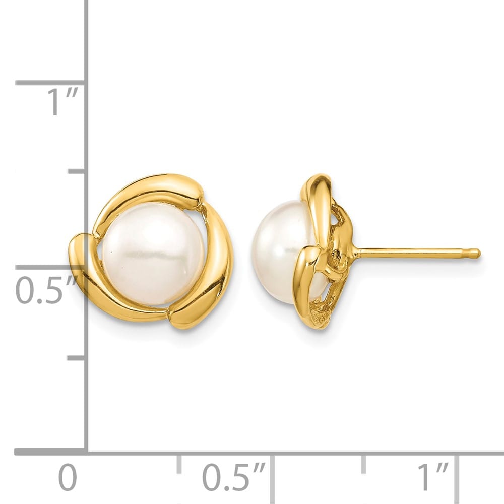 14K Yellow Gold 7-8mm White Button Freshwater Pearl Post Earrings