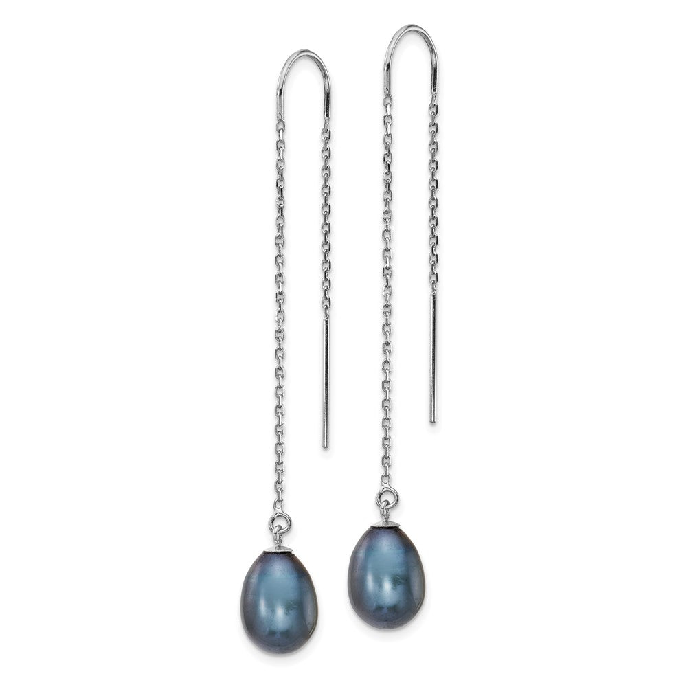 14K White Gold 7-8mm Black Teardrop Freshwater Pearl Threader Earrings