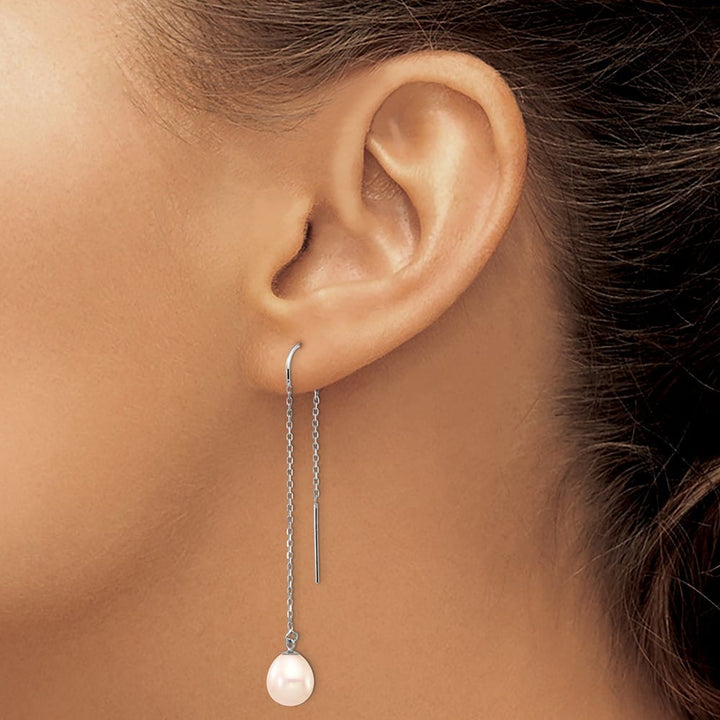 14K White Gold 7-8mm White Teardrop Freshwater Pearl Threader Earrings