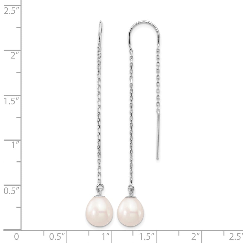 14K White Gold 7-8mm White Teardrop Freshwater Pearl Threader Earrings
