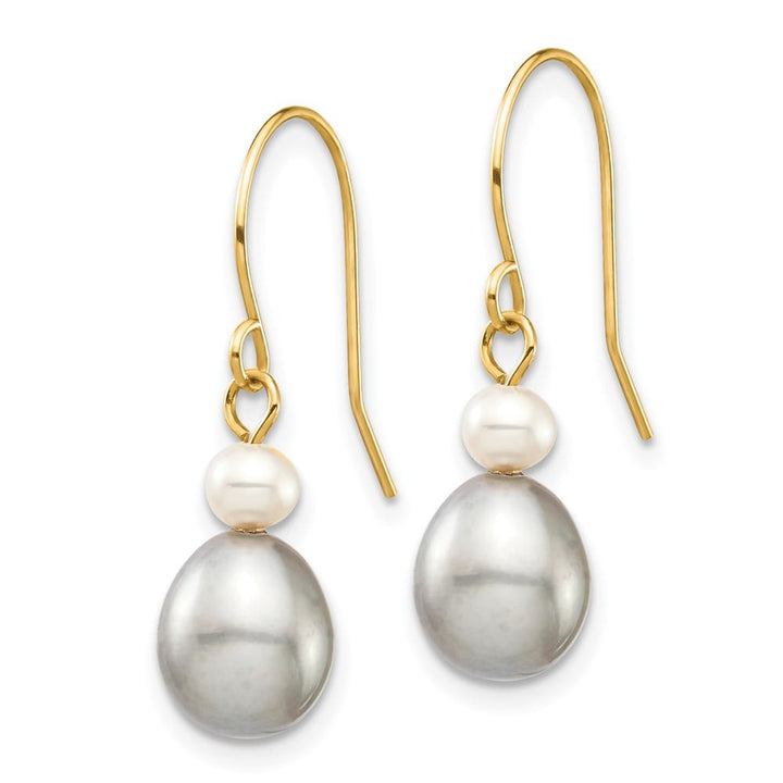 14K Yellow Gold 4-7mm Grey Rice and White Round Freshwater Earrings