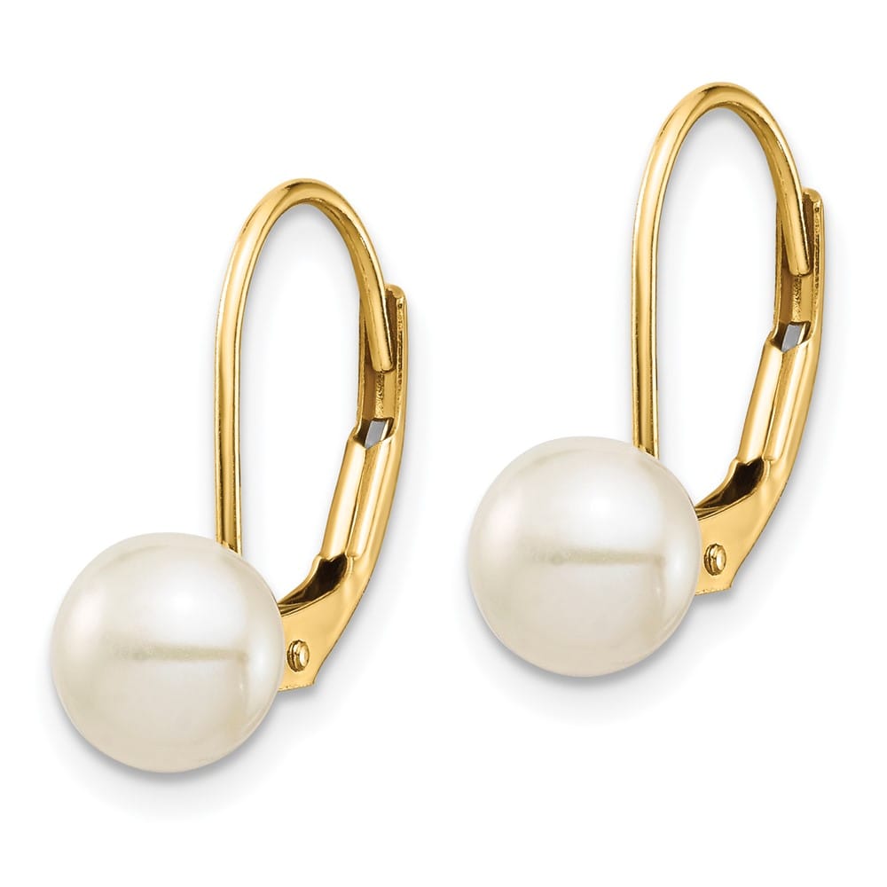 14K Yellow Gold 6-7mm White Button Freshwater Pearl Leverback Earrings