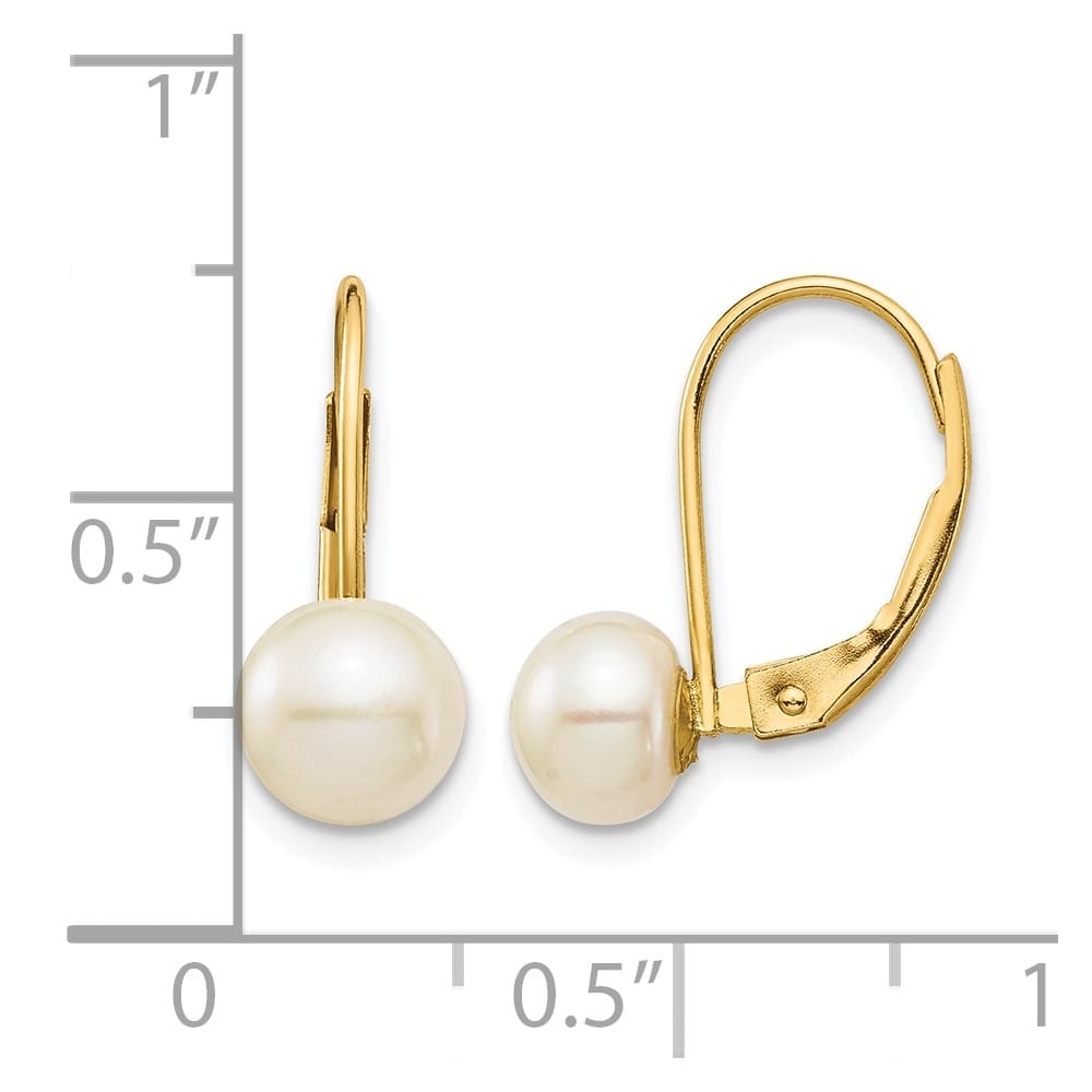14K Yellow Gold 6-7mm White Button Freshwater Pearl Leverback Earrings