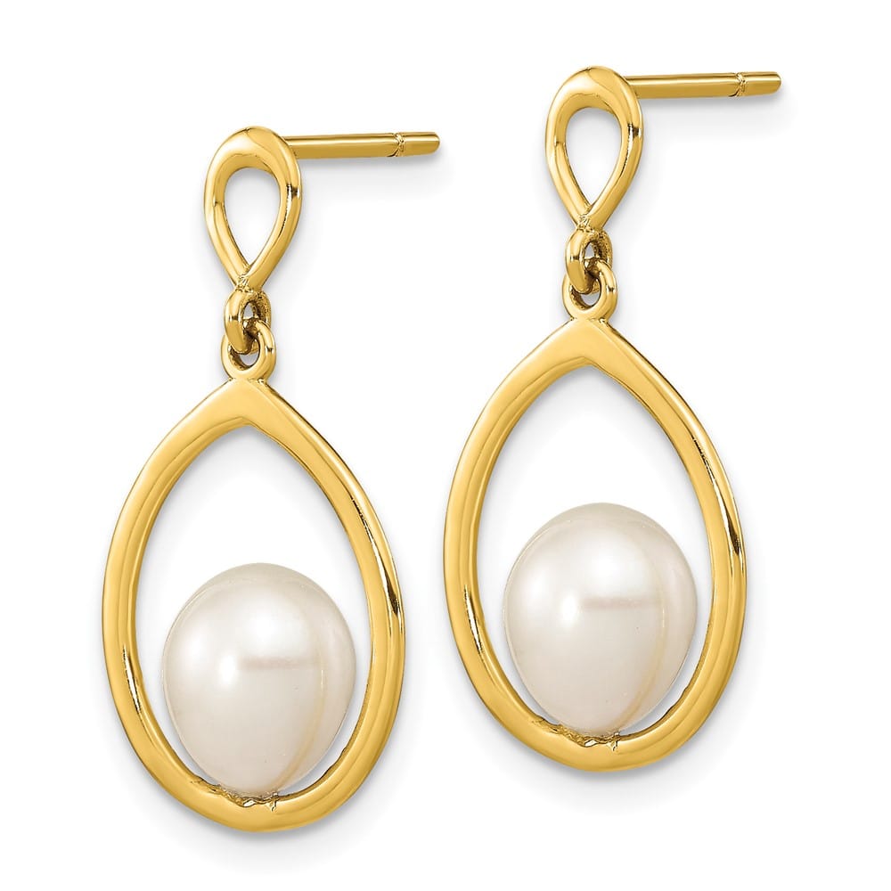 14K Yellow Gold 6-7mm White Teardrop Freshwater Pearl Post Earrings
