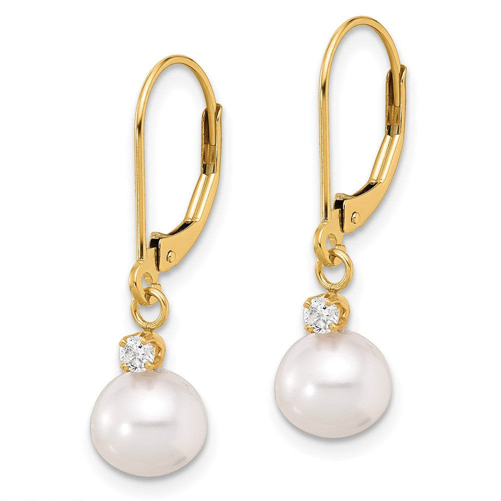 14K Yellow Gold 7-8mm White Round Freshwater Pearl and .10 Earrings
