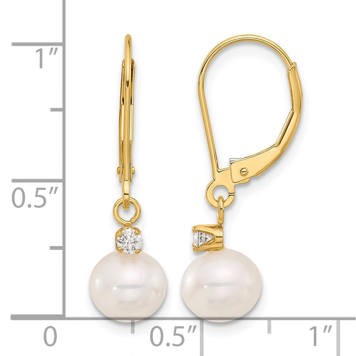 14K Yellow Gold 7-8mm White Round Freshwater Pearl and .10 Earrings