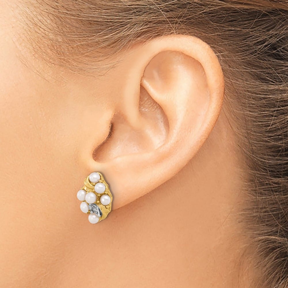14K Yellow Gold 3-4mm White Button Freshwater Pearl and .02 Earrings