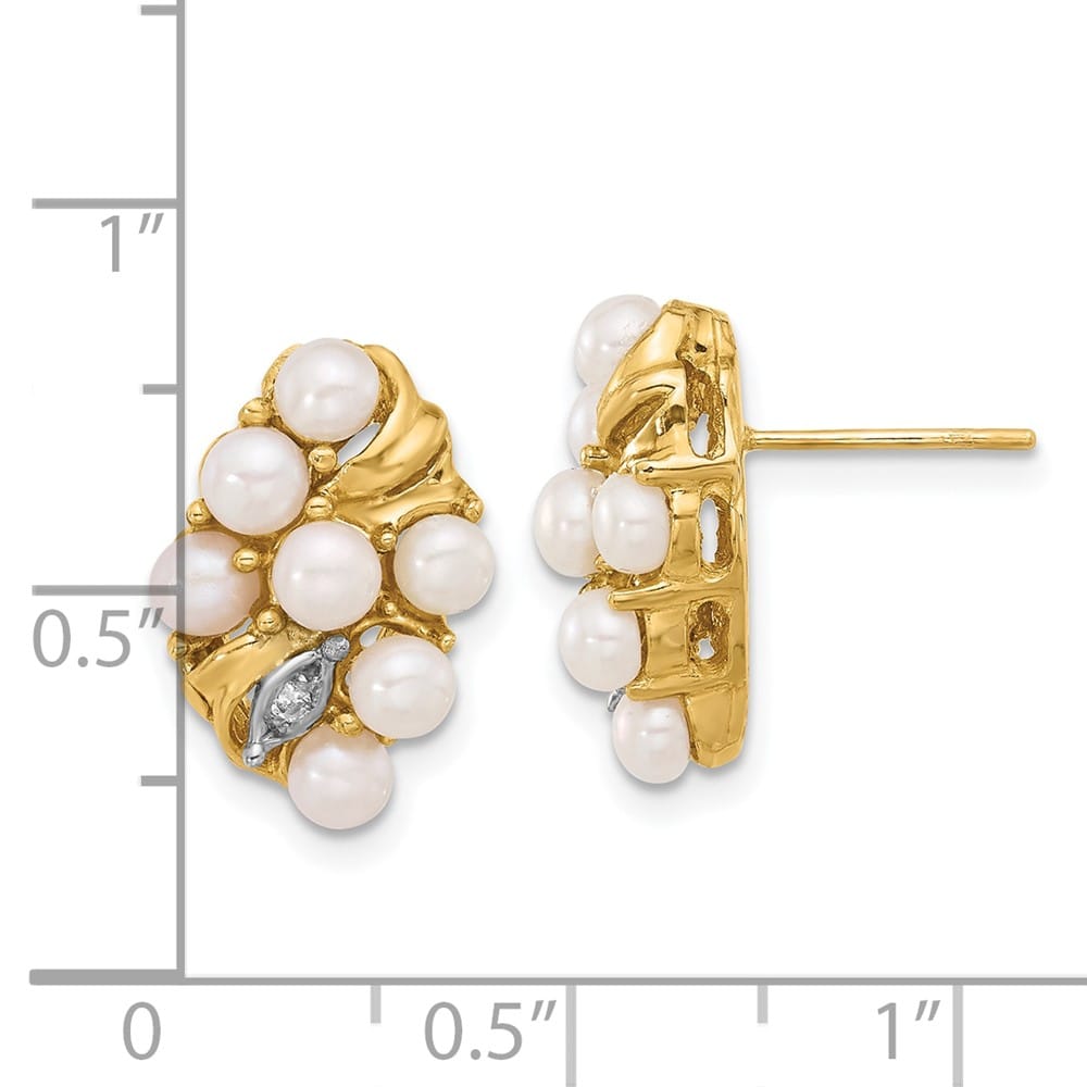 14K Yellow Gold 3-4mm White Button Freshwater Pearl and .02 Earrings