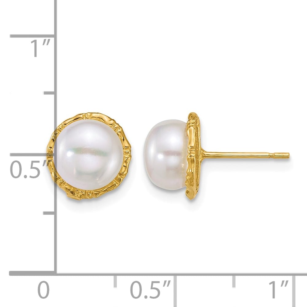 14K Yellow Gold and Textured 7-8mm Button White Freshwater Earrings