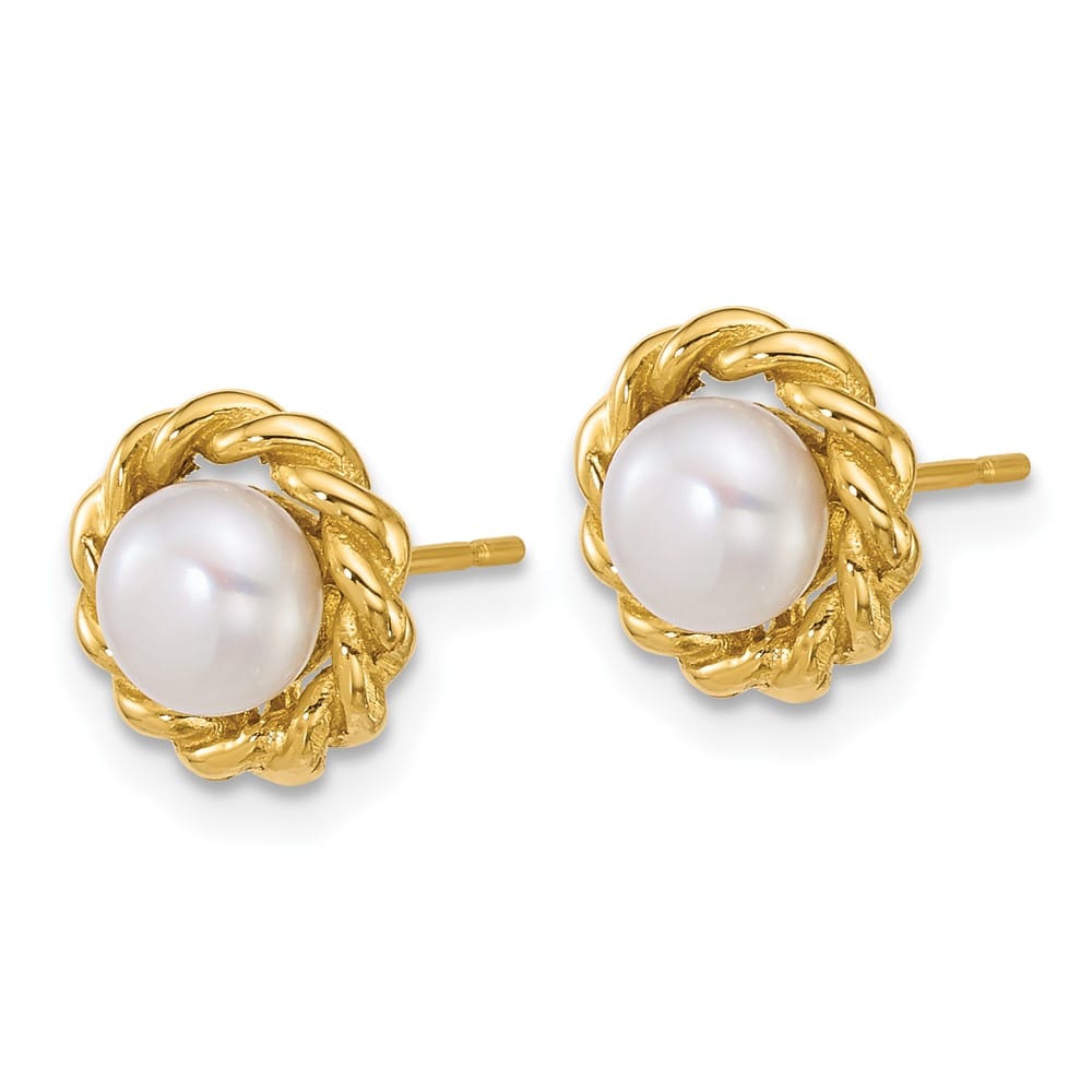 14K Yellow Gold 5-6mm Button White Freshwater Pearl Twisted Earrings