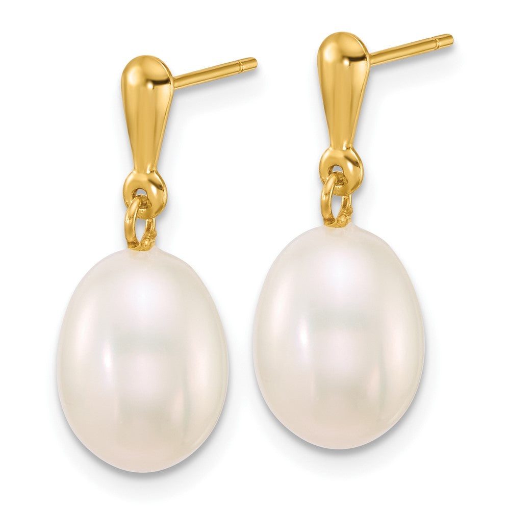 14K Yellow Gold 8-9mm Rice White Freshwater Pearl Dangle Post Earrings