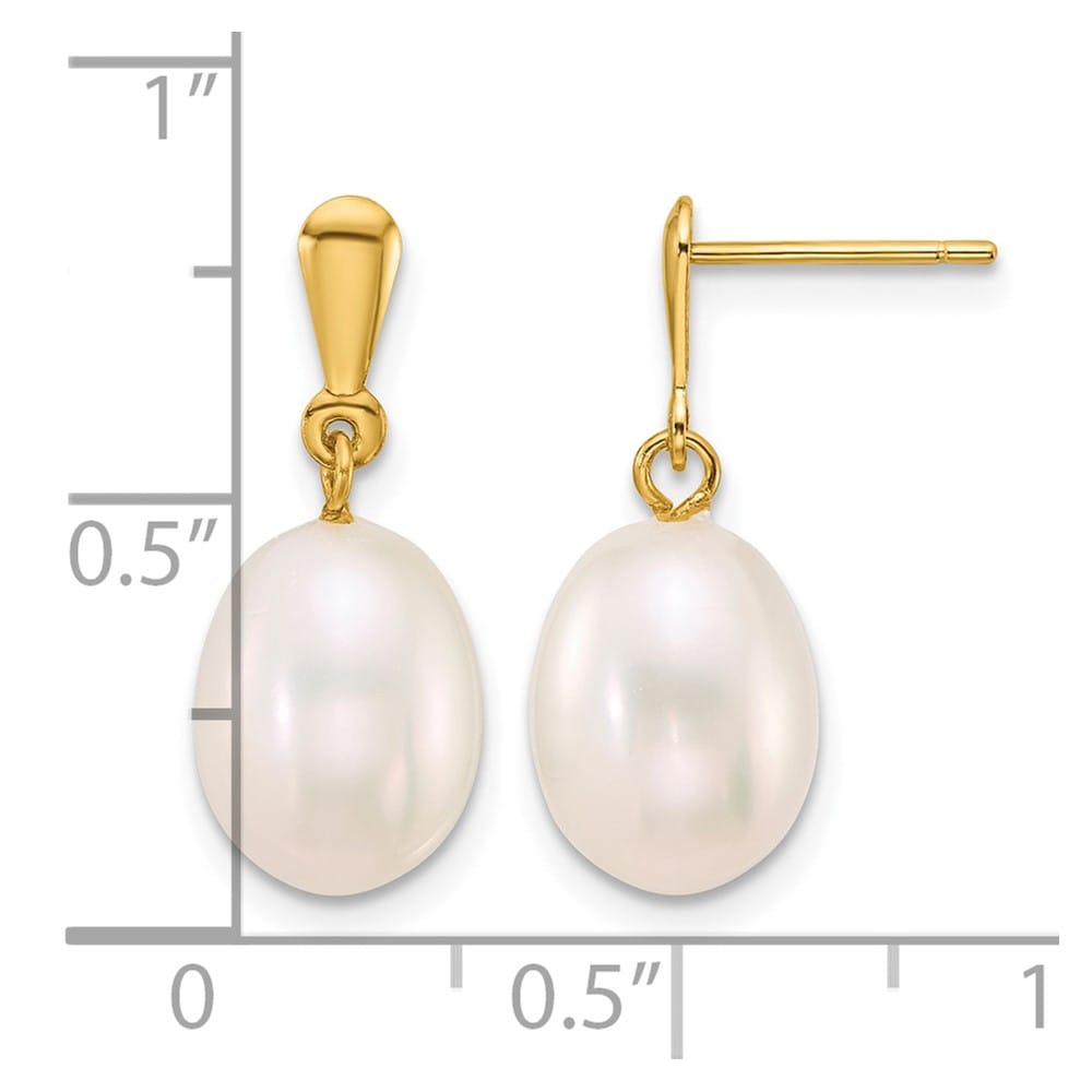 14K Yellow Gold 8-9mm Rice White Freshwater Pearl Dangle Post Earrings