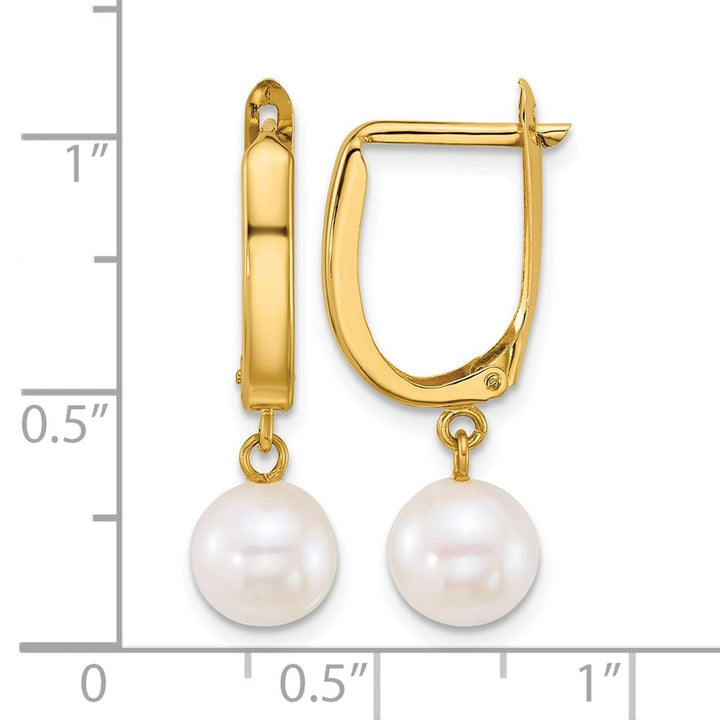 14K Yellow Gold 7-8mm Round White Freshwater Pearl Dangle Earrings