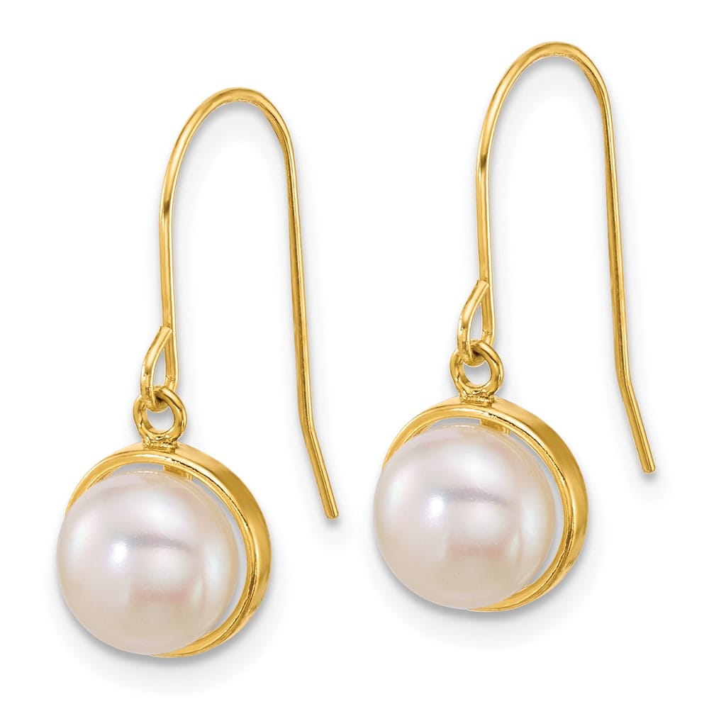 14K Yellow Gold 6-7mm Button White Freshwater Pearl Dangle Earrings