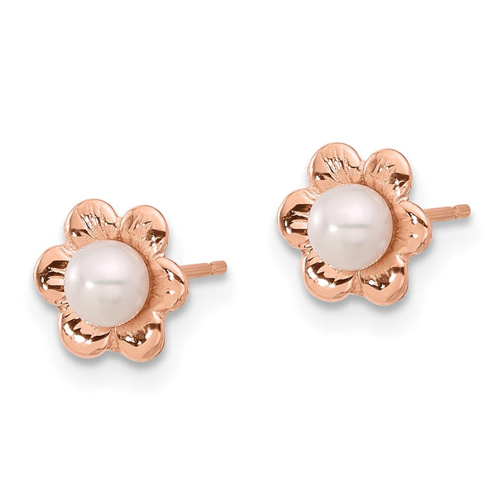 14K Rose Gold 3-4mm White Button Freshwater Pearl Flower Post Earrings