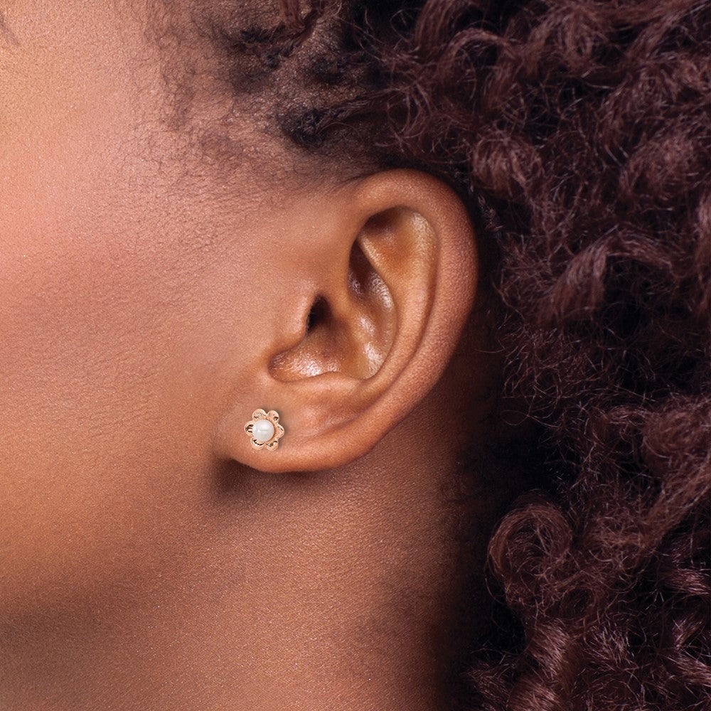 14K Rose Gold 3-4mm White Button Freshwater Pearl Flower Post Earrings