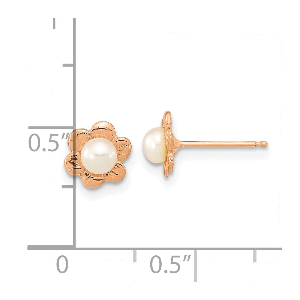 14K Rose Gold 3-4mm White Button Freshwater Pearl Flower Post Earrings
