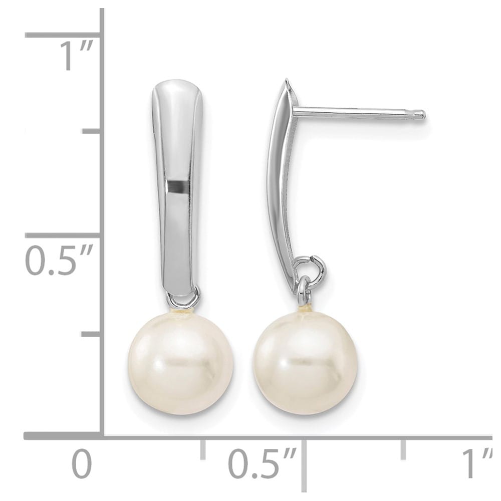14K White Gold 6-7mm White Round Freshwater Pearl Post Dangle Earrings