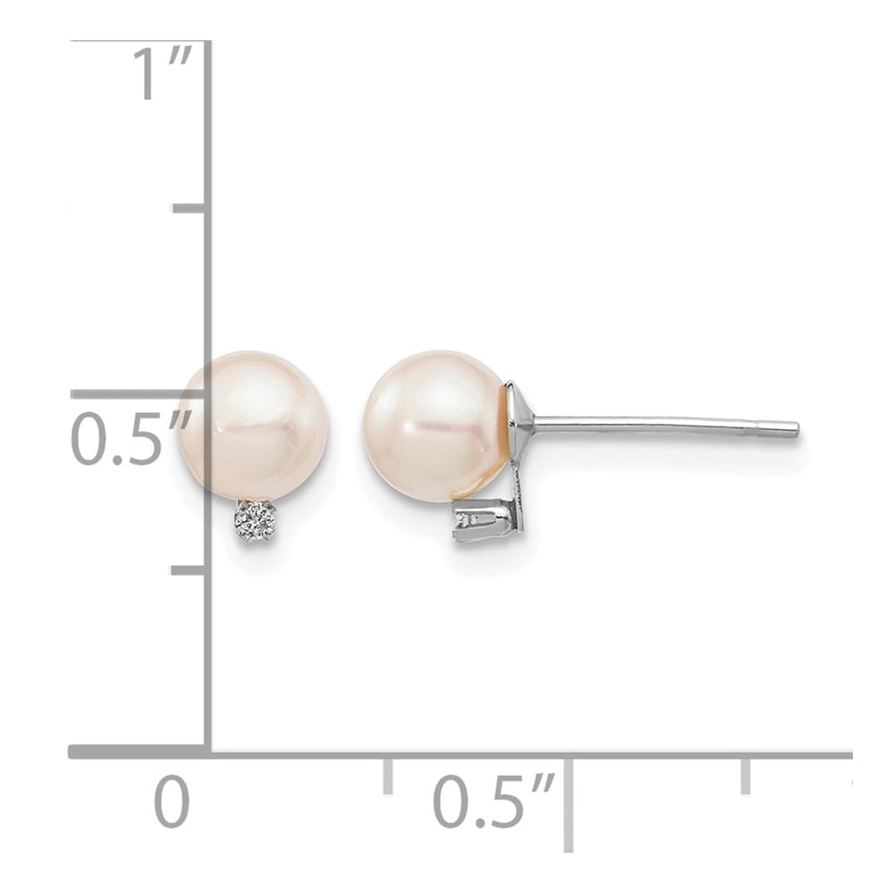 14K White Gold 5-6mm White Round Pearl and .02 Carat Diamond Earrings, view 4 of 4