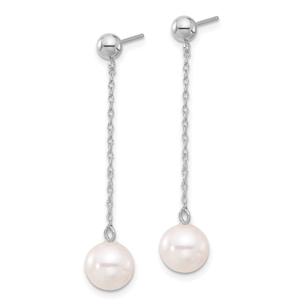 14K White Gold 7-8mm White Round Freshwater Pearl Chain Earrings
