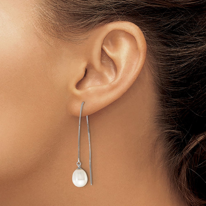 14K White Gold 6-8mm White Teardrop Freshwater Pearl Threader Earrings