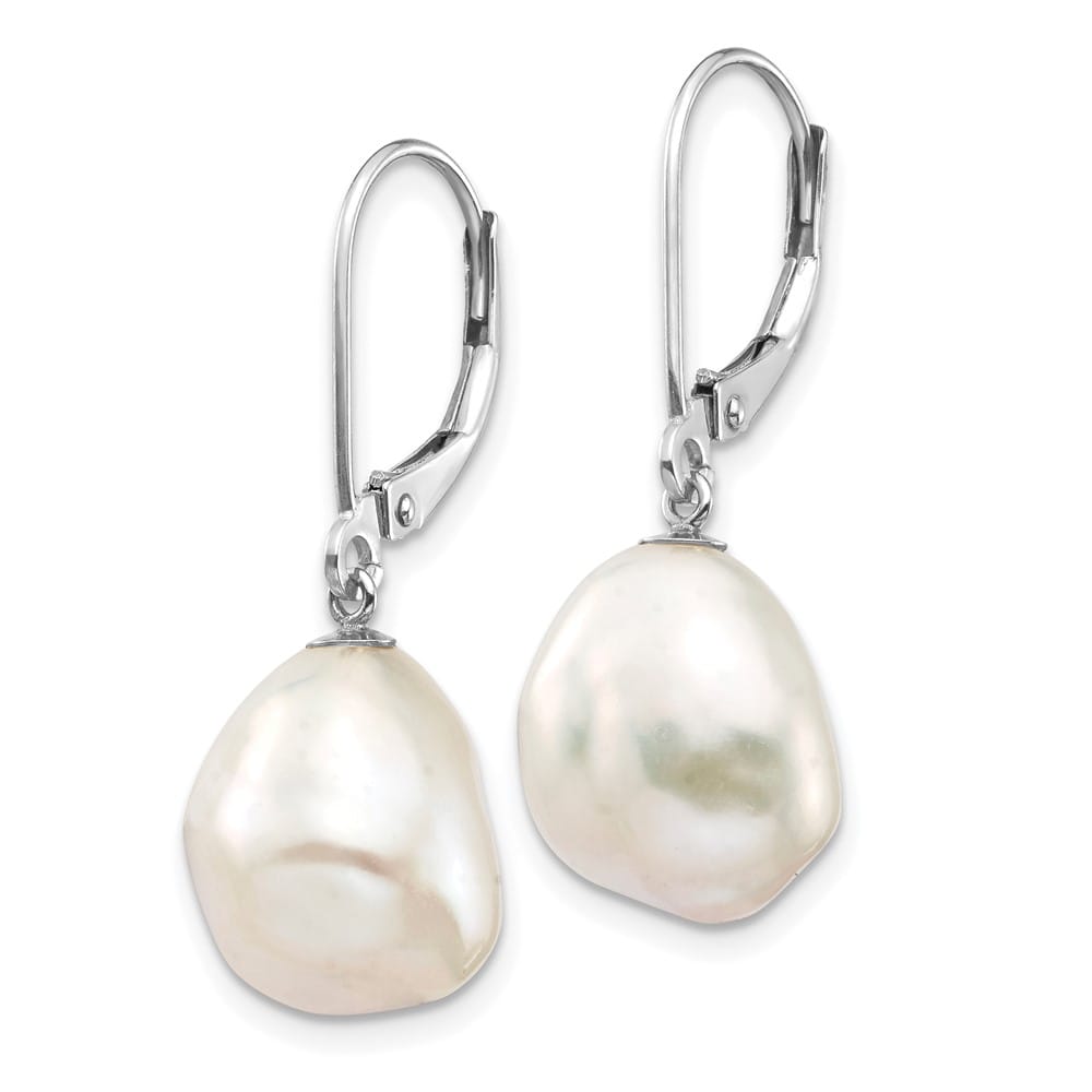 14K White Gold 10x13mm White Keshi Freshwater Pearl Dangle Earrings