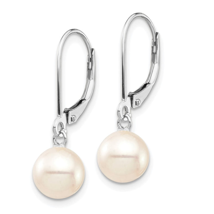 14K White Gold 7-8mm White Round Freshwater Pearl Dangle Earrings