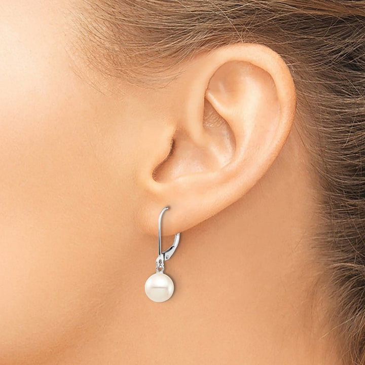 14K White Gold 7-8mm White Round Freshwater Pearl Dangle Earrings