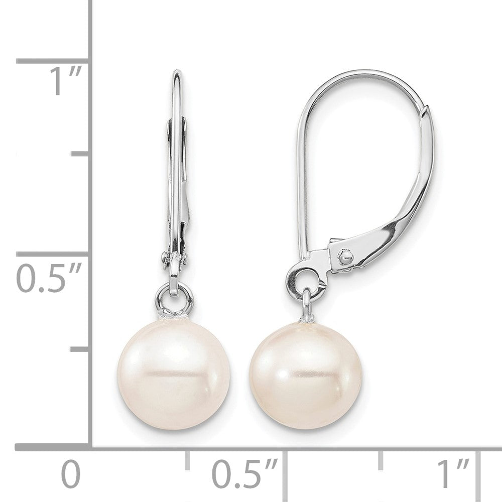 14K White Gold 7-8mm White Round Freshwater Pearl Dangle Earrings